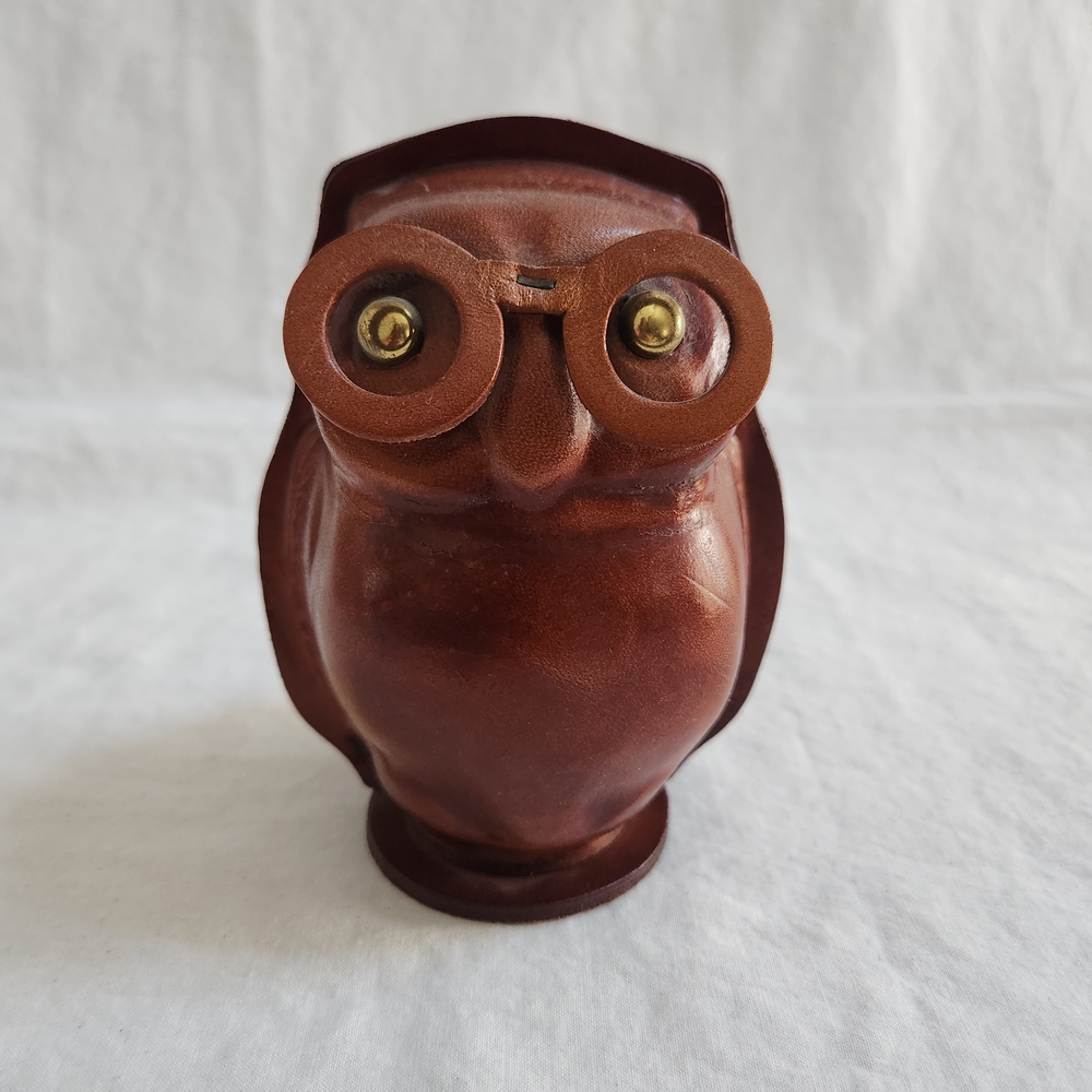 Kounoike Brown Leather Owl Bank with Brass Eye Accents